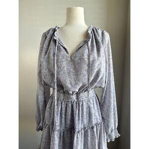 Papermoon Floral Tiered Ruffle Mini Dress Chiffon Long Sleeve Keyhole Neck S